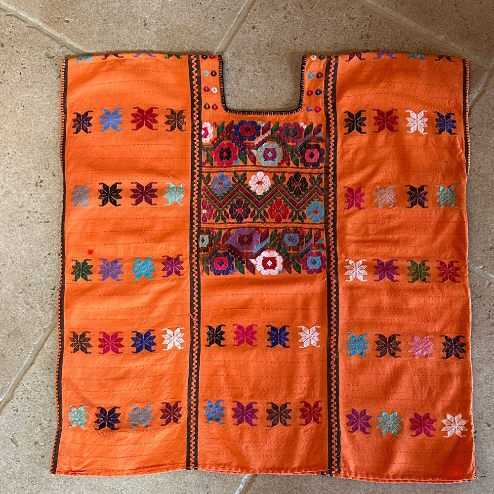 Handwoven Orange Embroidered Huipil Top